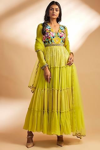 green georgette sequins & thread embroidered layered anarkali set