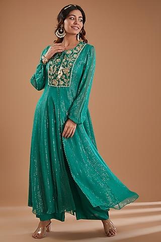 green georgette sequins embroidered kurta set