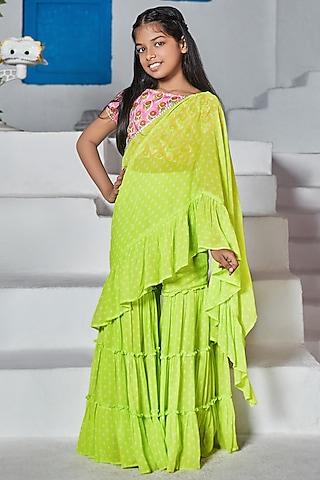 green georgette sharara saree set for girls