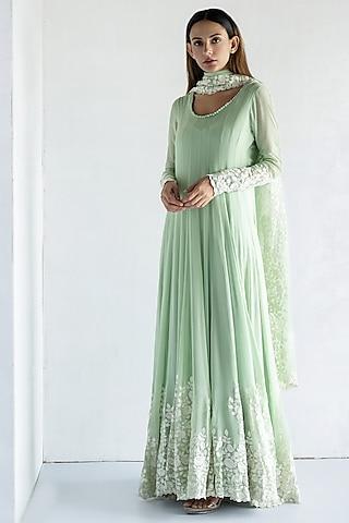 green georgette thread embroidered anarkali set