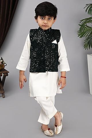 green glace cotton embroidered bundi jacket with kurta set for boys