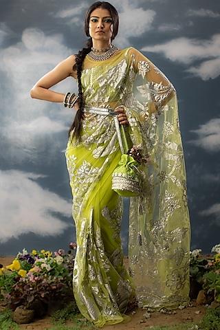 green glass nylon zardosi hand embroidered saree set