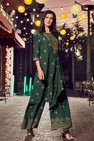 green glitter printed angrakha jumpsuit