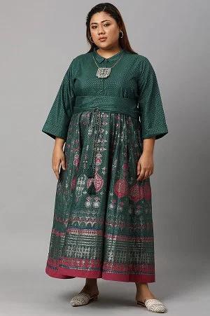 green glitter printed festive plus size shirt dress with placket