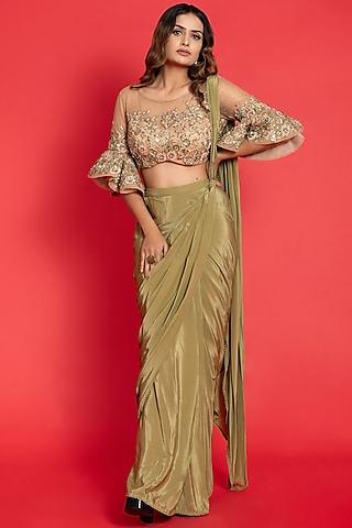 green-gold shimmer & tulle draped saree set