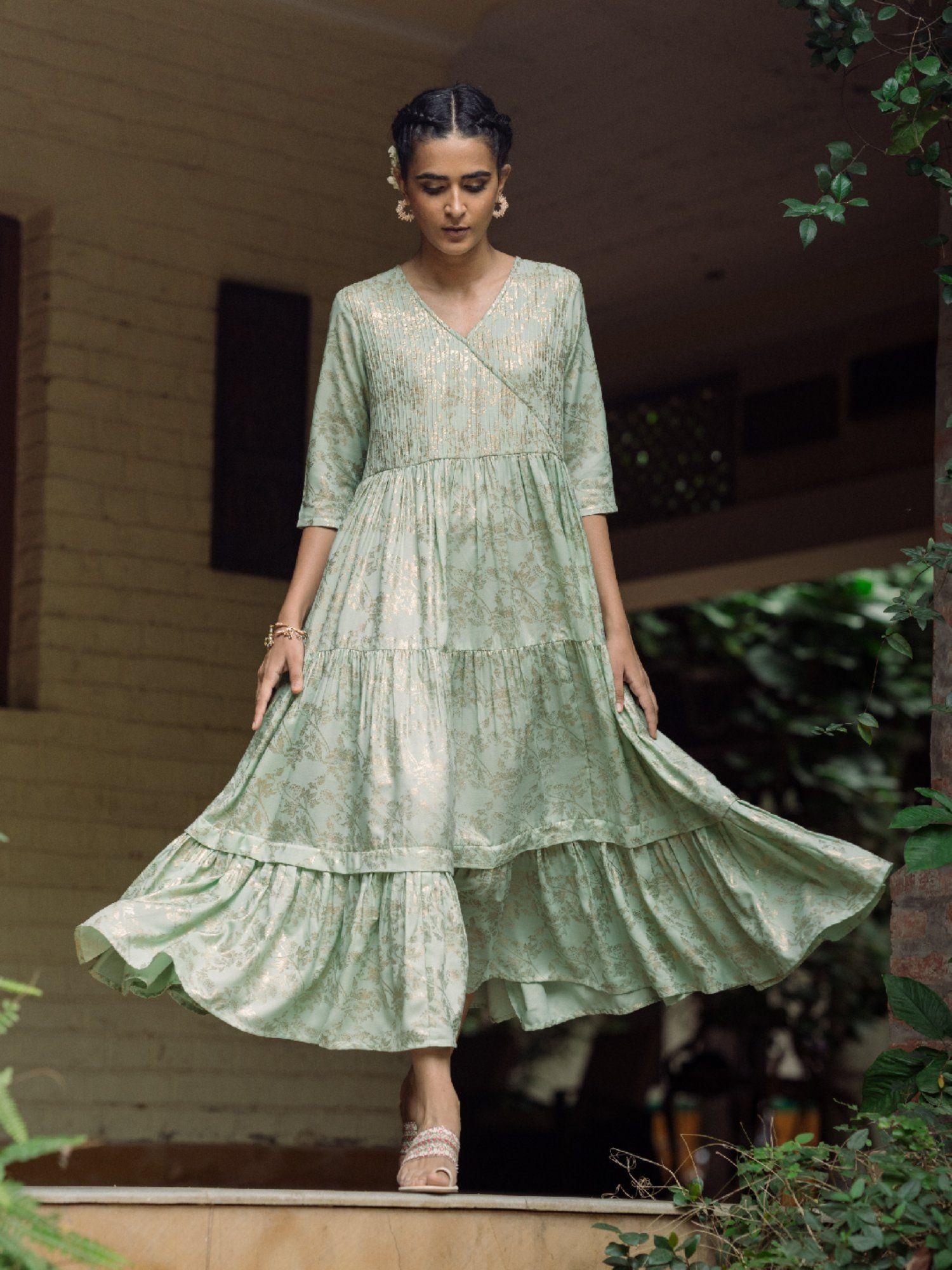 green gold printed mock angrakha dress