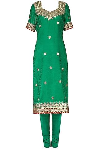 green gota patti embroidered kurta and churidar pants set