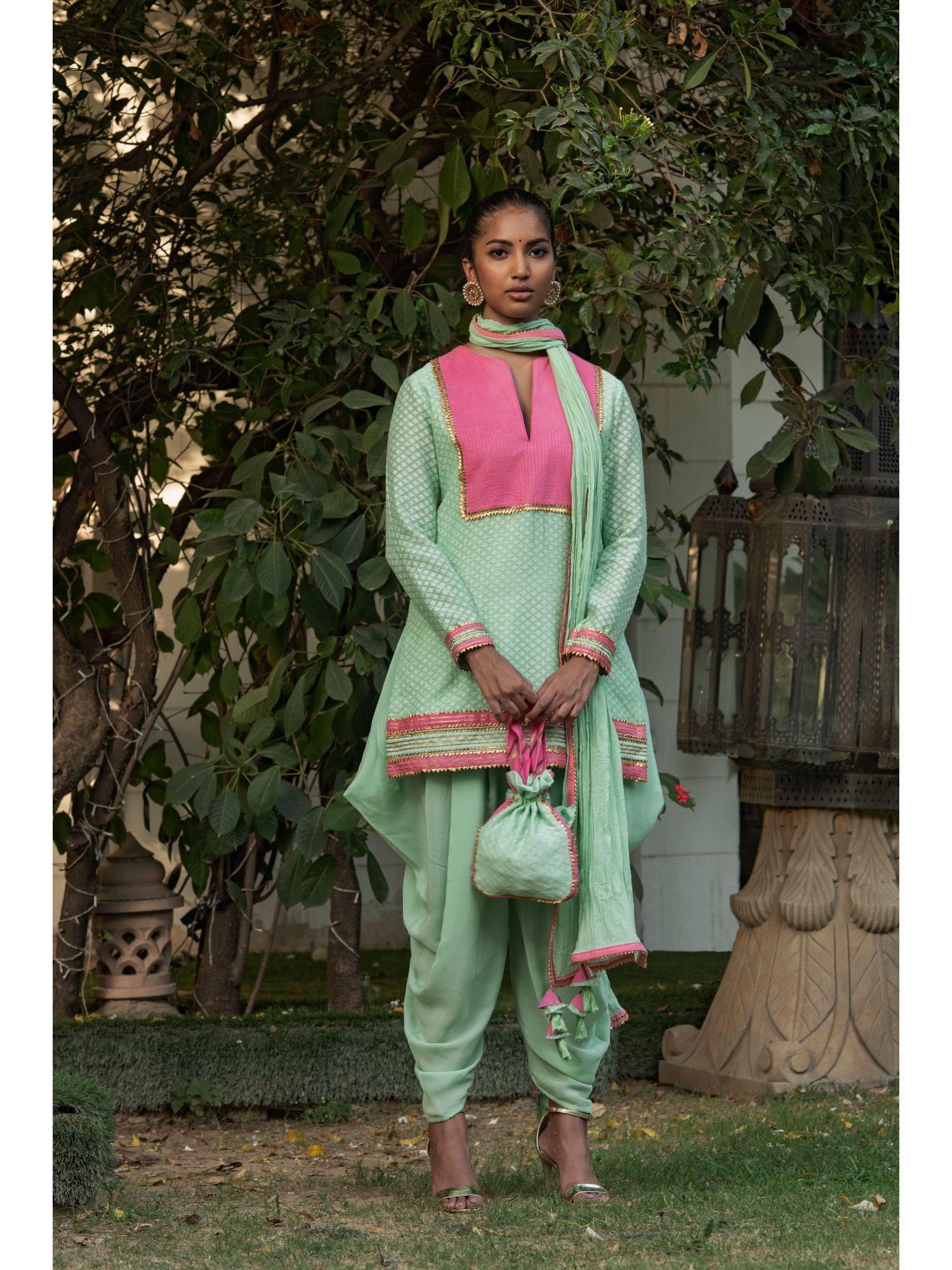 green gota work kurta with dhoti pants & dupatta - customisable (set of 3)
