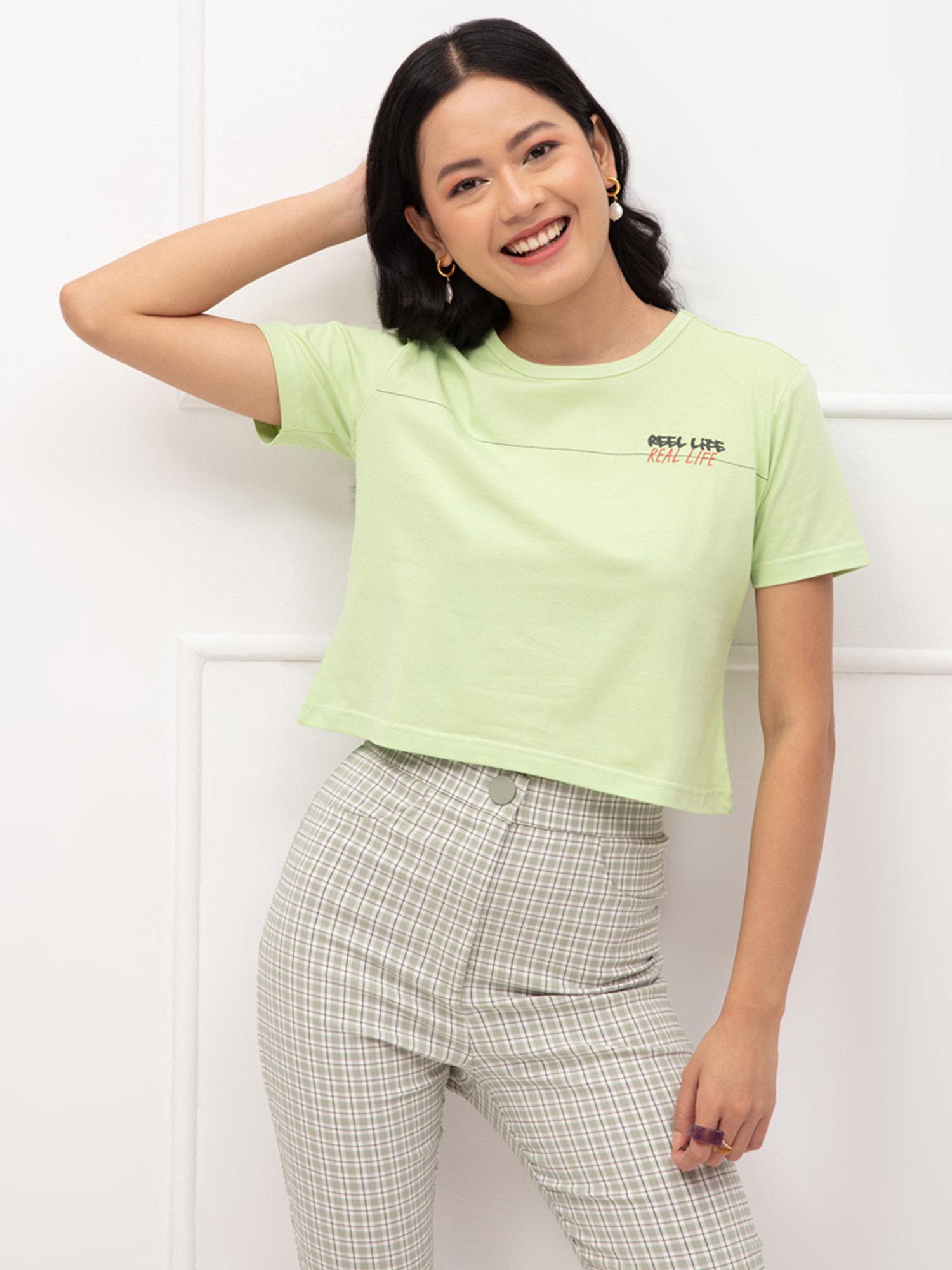 green graphic print crew neck cropped t shirt