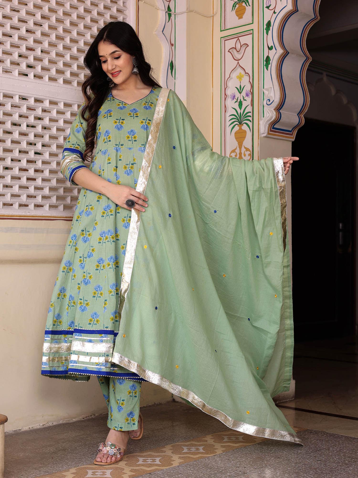 green guldasta anarkali with pant and dupatta (set of 3)