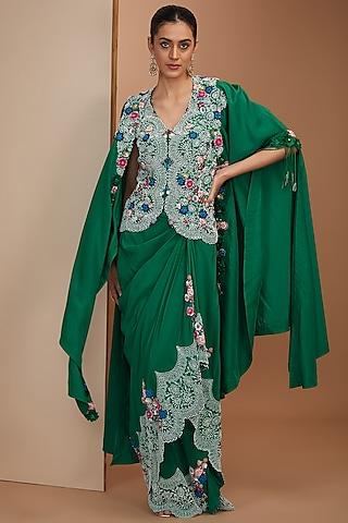 green habutai silk pearl embroidered butterfly cape set