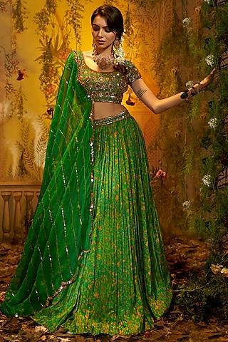 green habutai silk printed & hand embroidered lehenga set