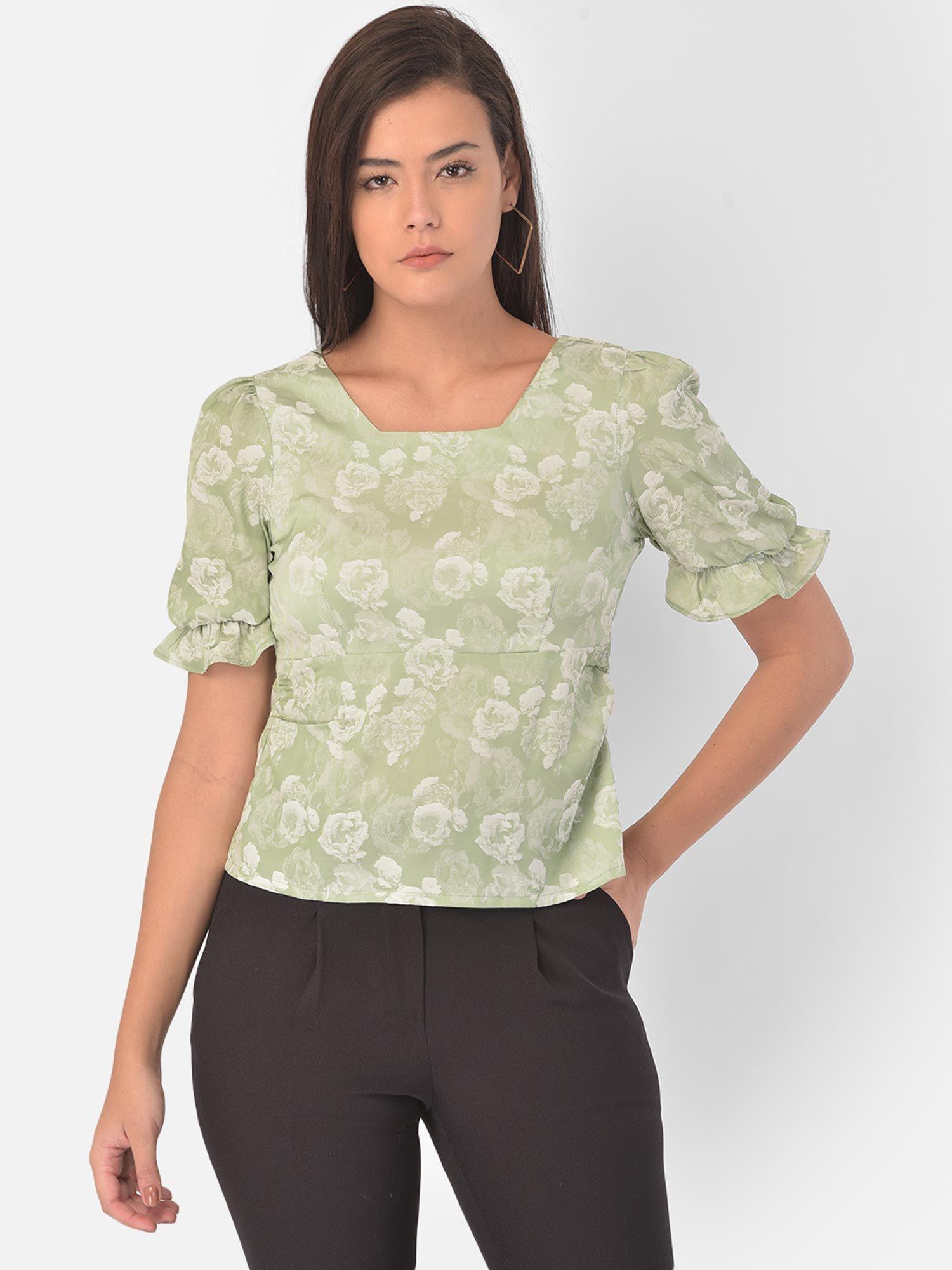 green half sleeve jacquard solid blouse
