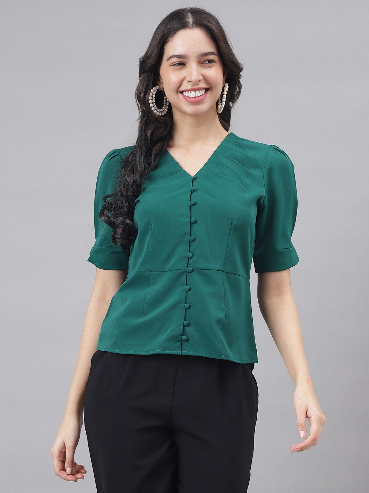 green half sleeve v-neck women solid blouse top