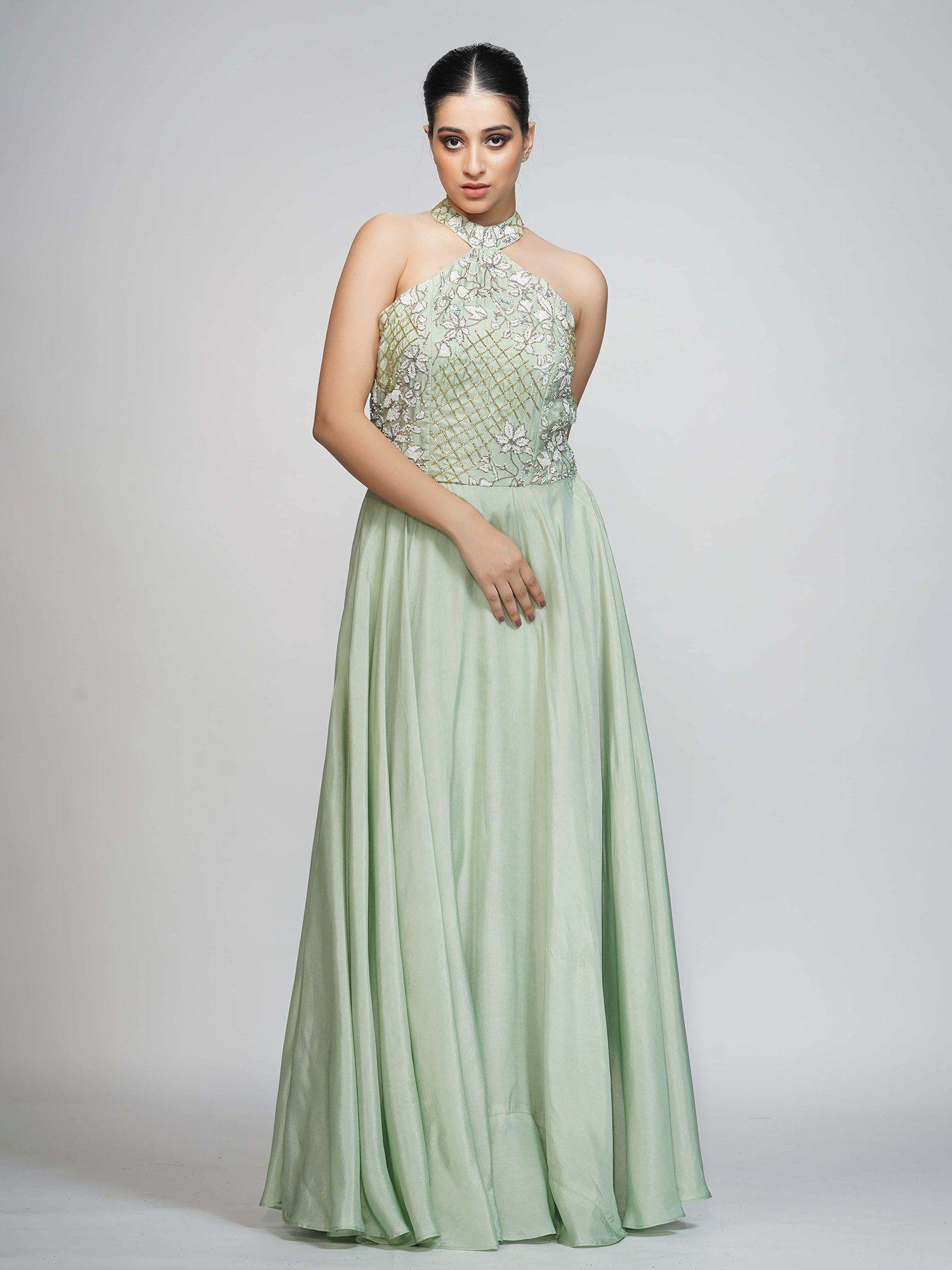 green halter neck embroidered gown