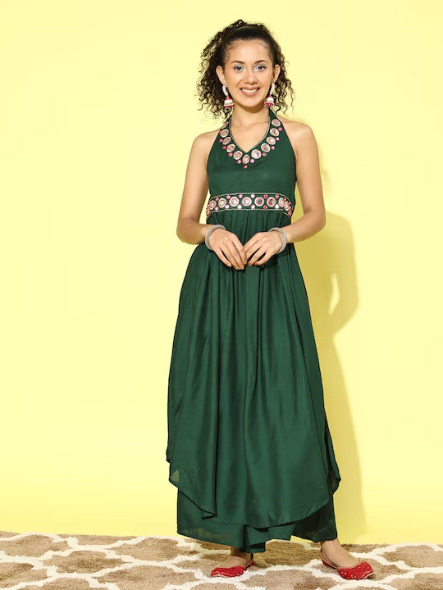 green halter neck mirror work belted kurta with palazzo (set of 2)