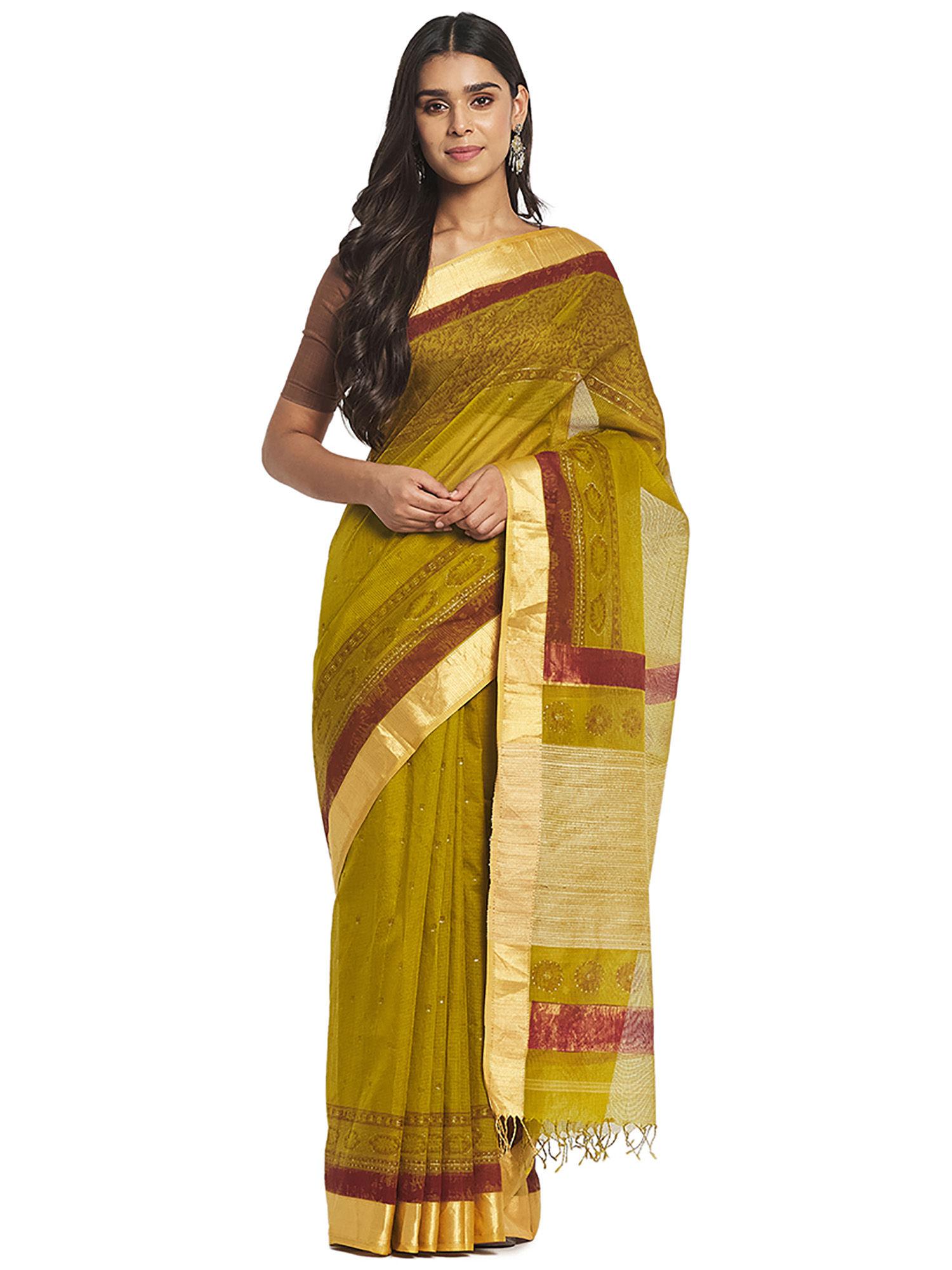 green hand block print cotton silk saree