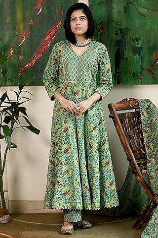 green hand block printed anarkali set