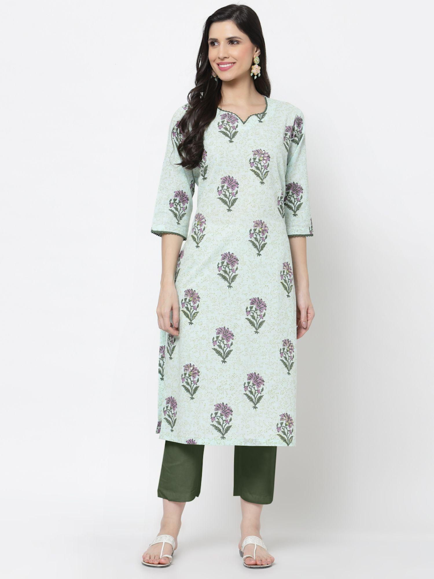 green hand block printed cotton kurta