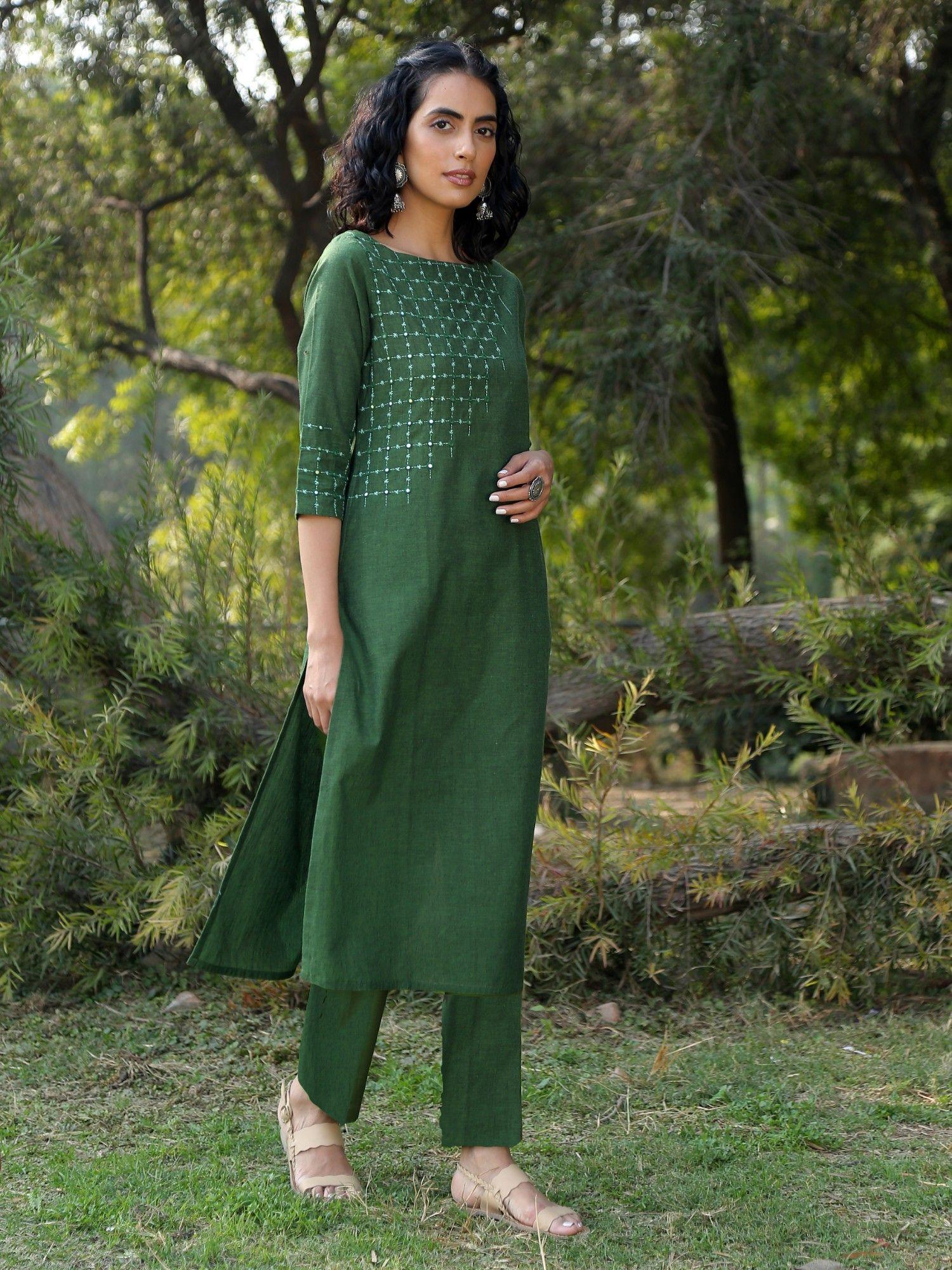 green hand embroidered- mirror work kurta