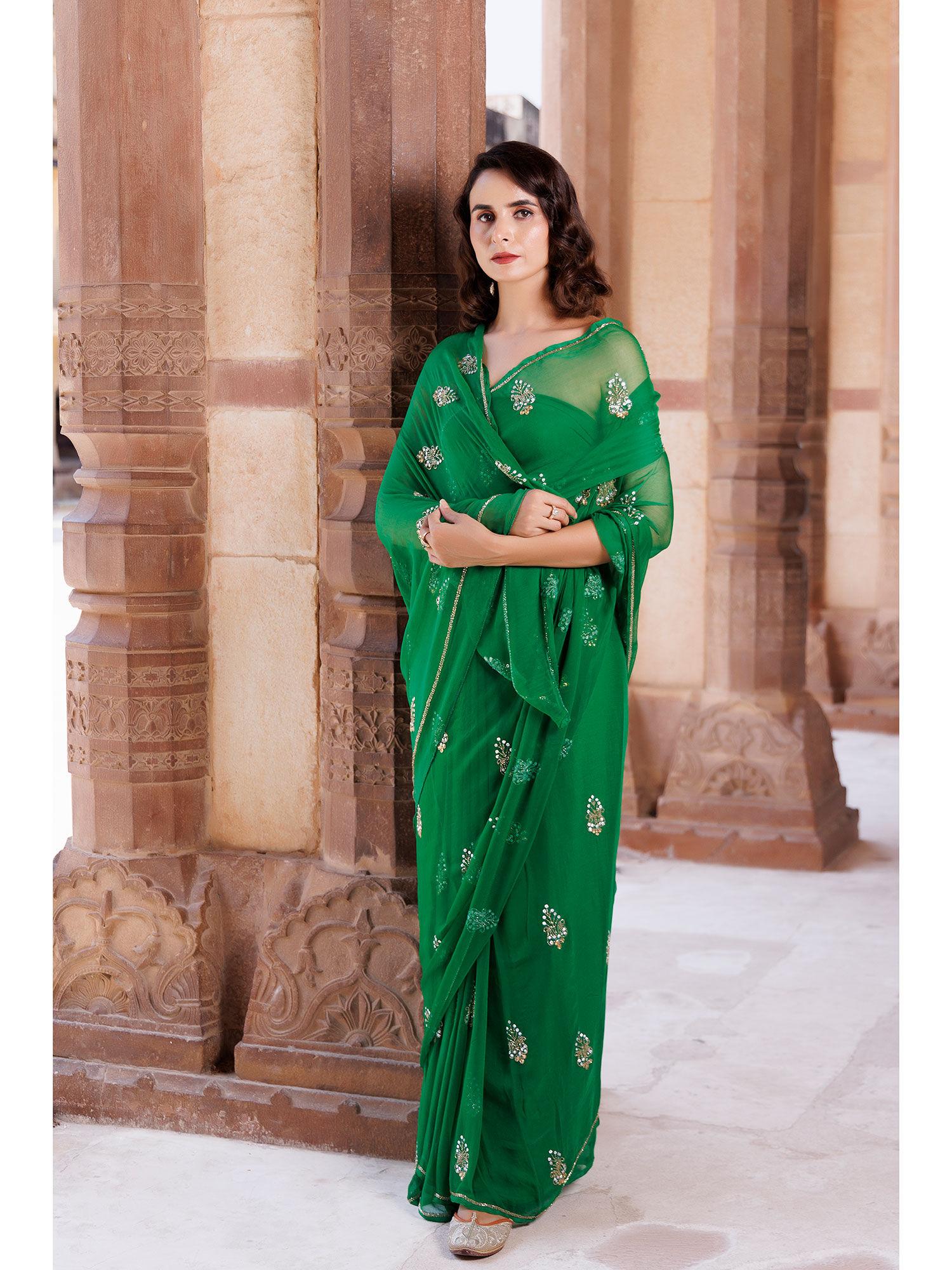green hand embroidered chiffon saree