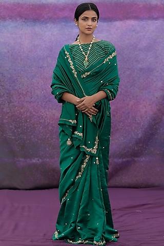 green hand embroidered saree set