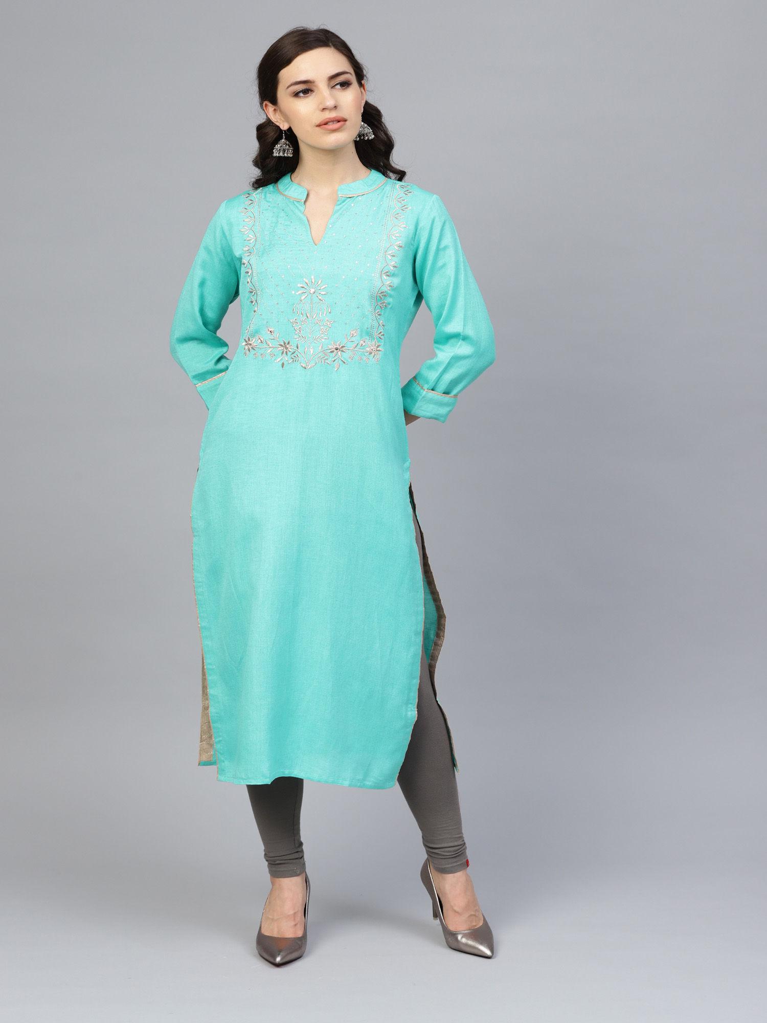 green hand embroidered straight rayon kurta