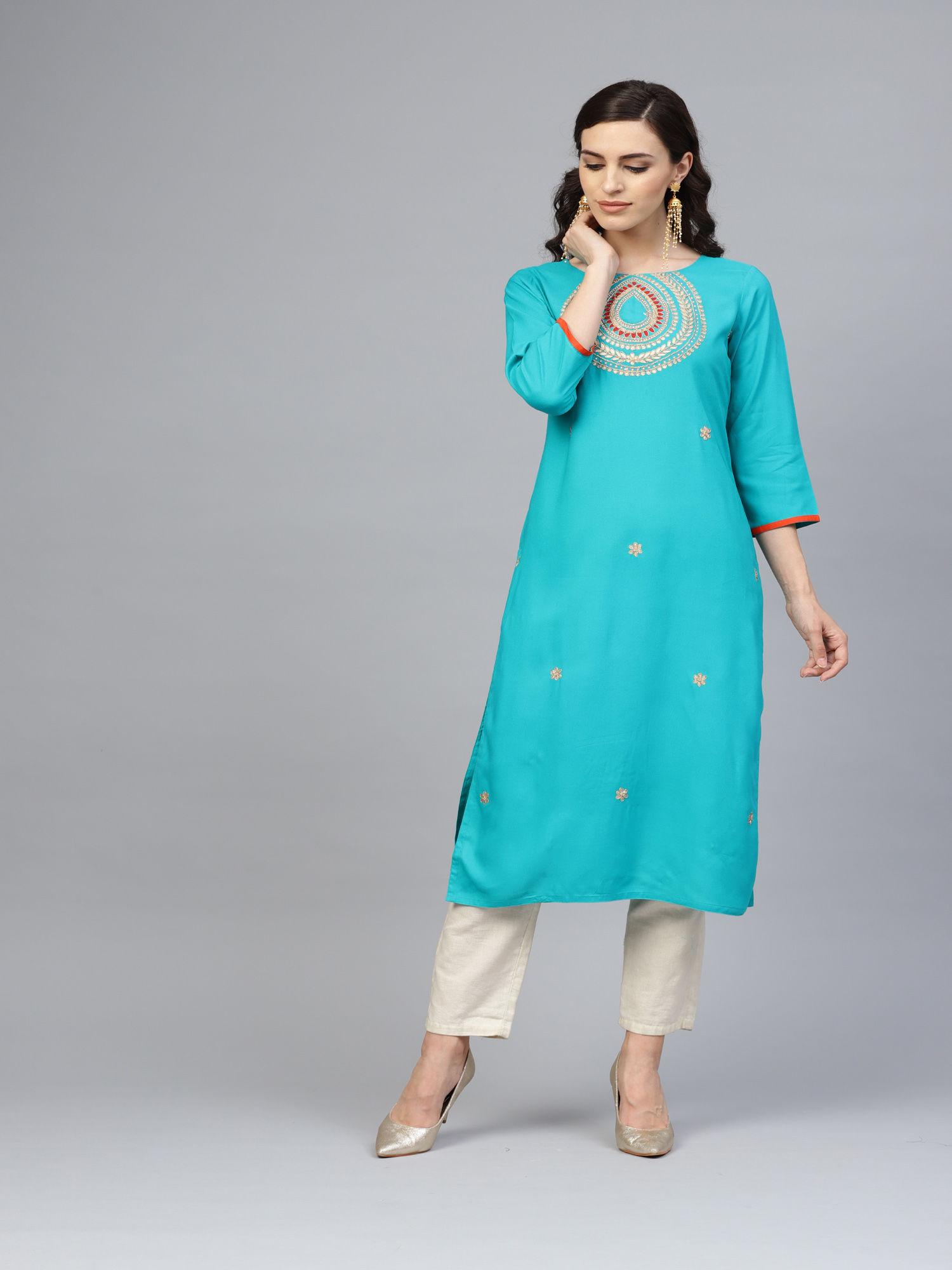 green hand embroidered straight rayon kurta