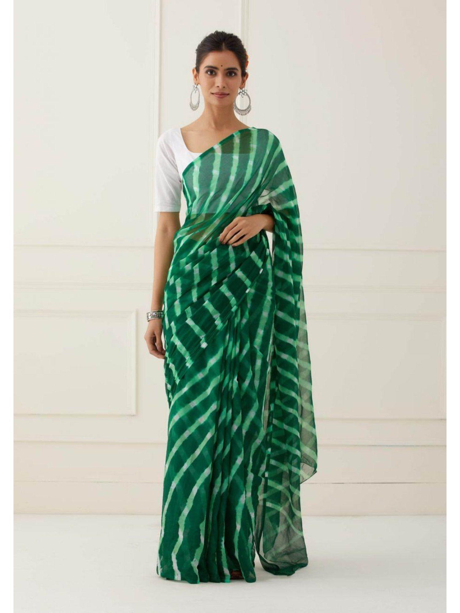 green hand tie and dyed mothda chiffon saree with unstitched blouse