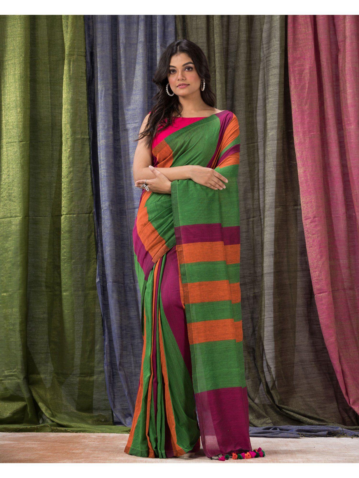 green handloom bengal cotton saree with unstitched blouse