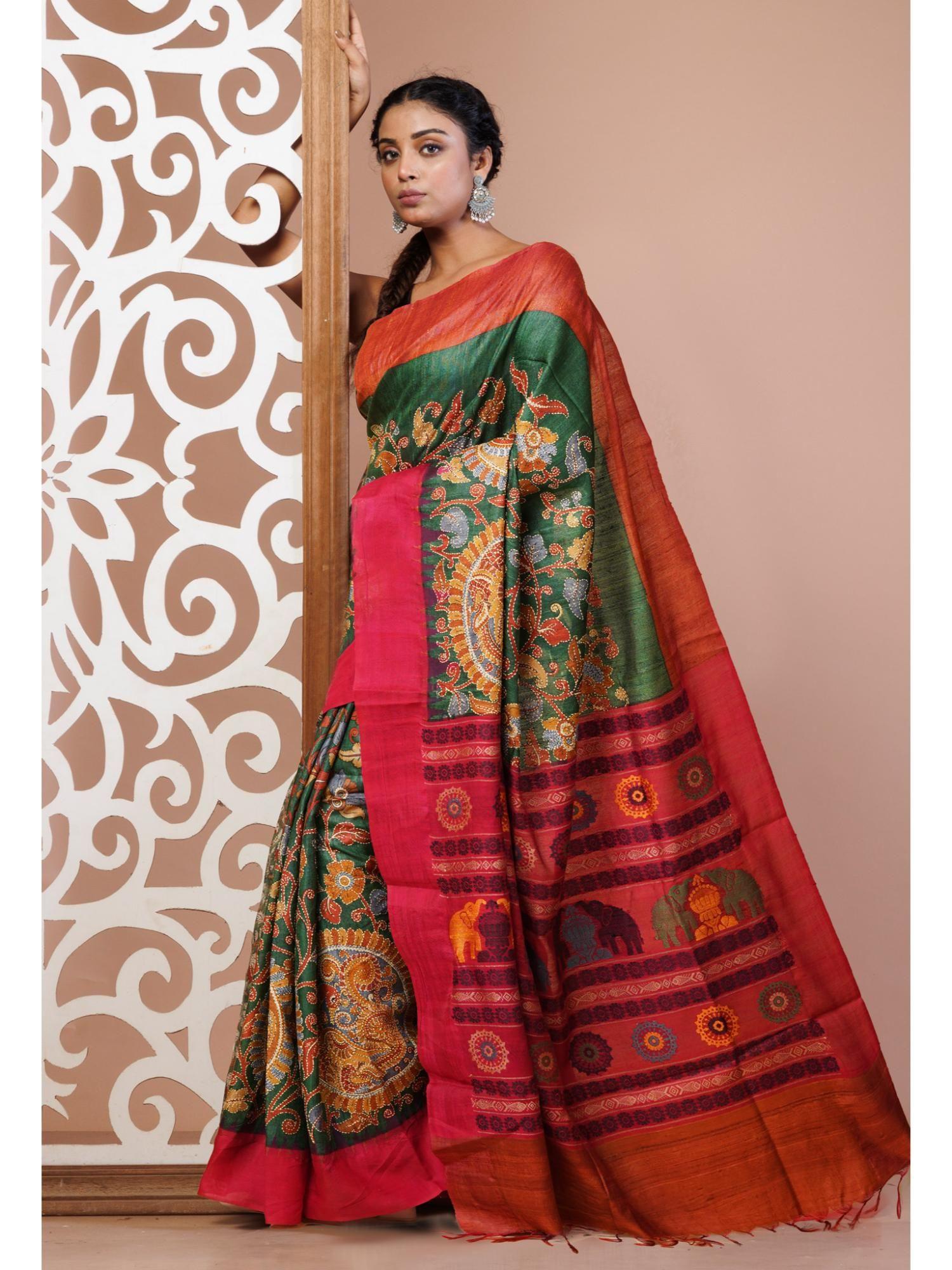 green handloom block printed kantha vidarbha tussar silk saree with unstitched blouse