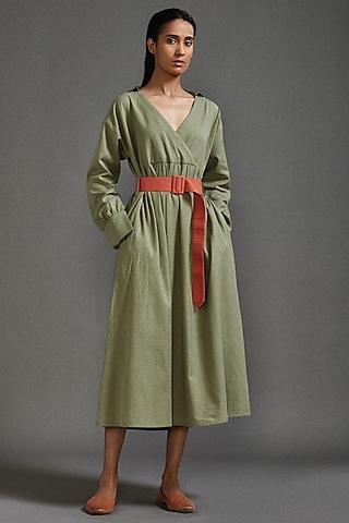 green handloom cotton safari midi dress