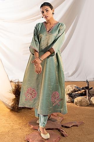 green handloom cotton zari tissue motifs embroidered kurta set