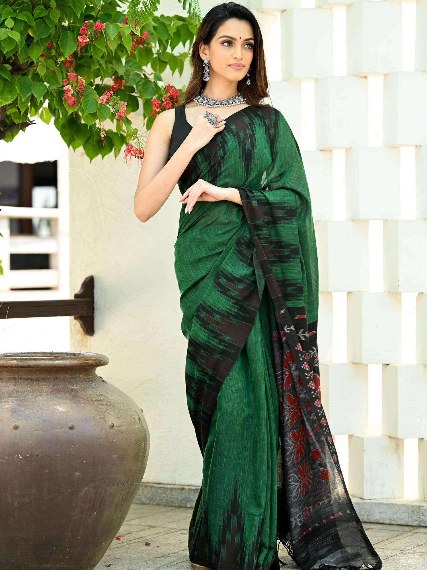 green handloom ikat cotton saree with unstitched blouse