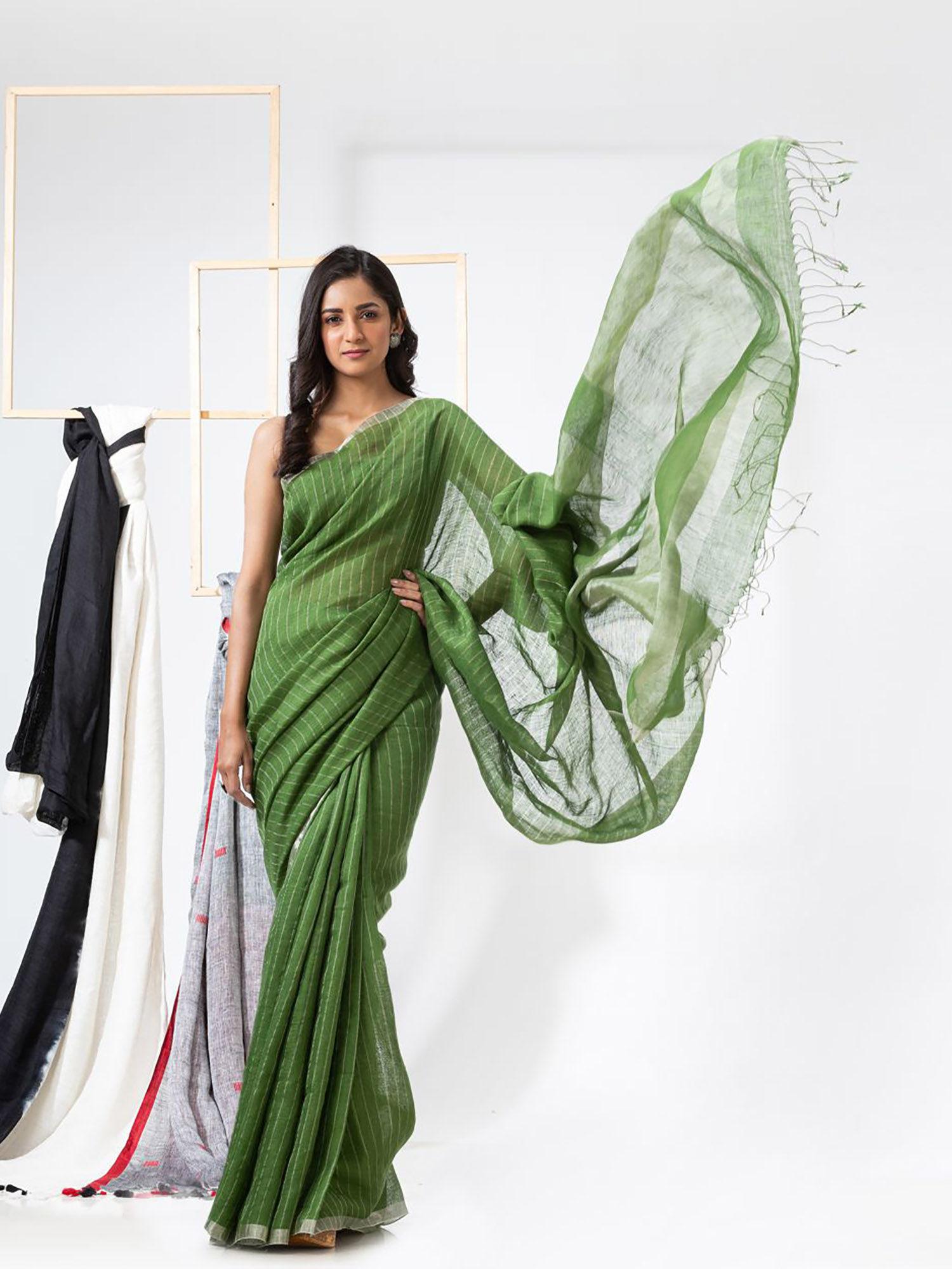 green handloom linen saree with unstitched blouse