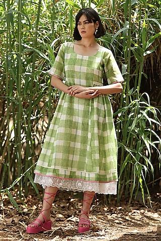 green handloom pure chanderi hand block printed dress