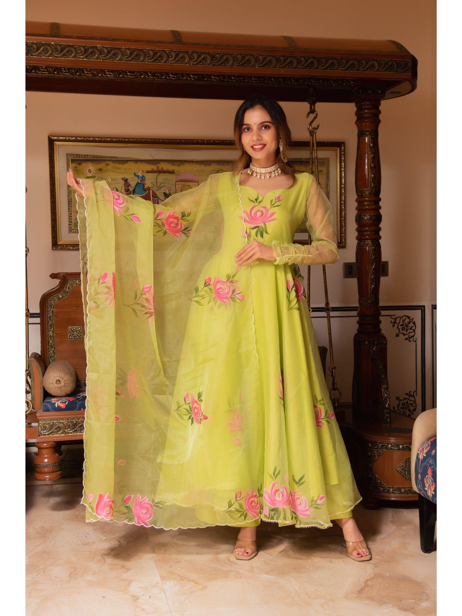 green handpainted gotapatti anarkali suit with pant and dupatta (set of 3)