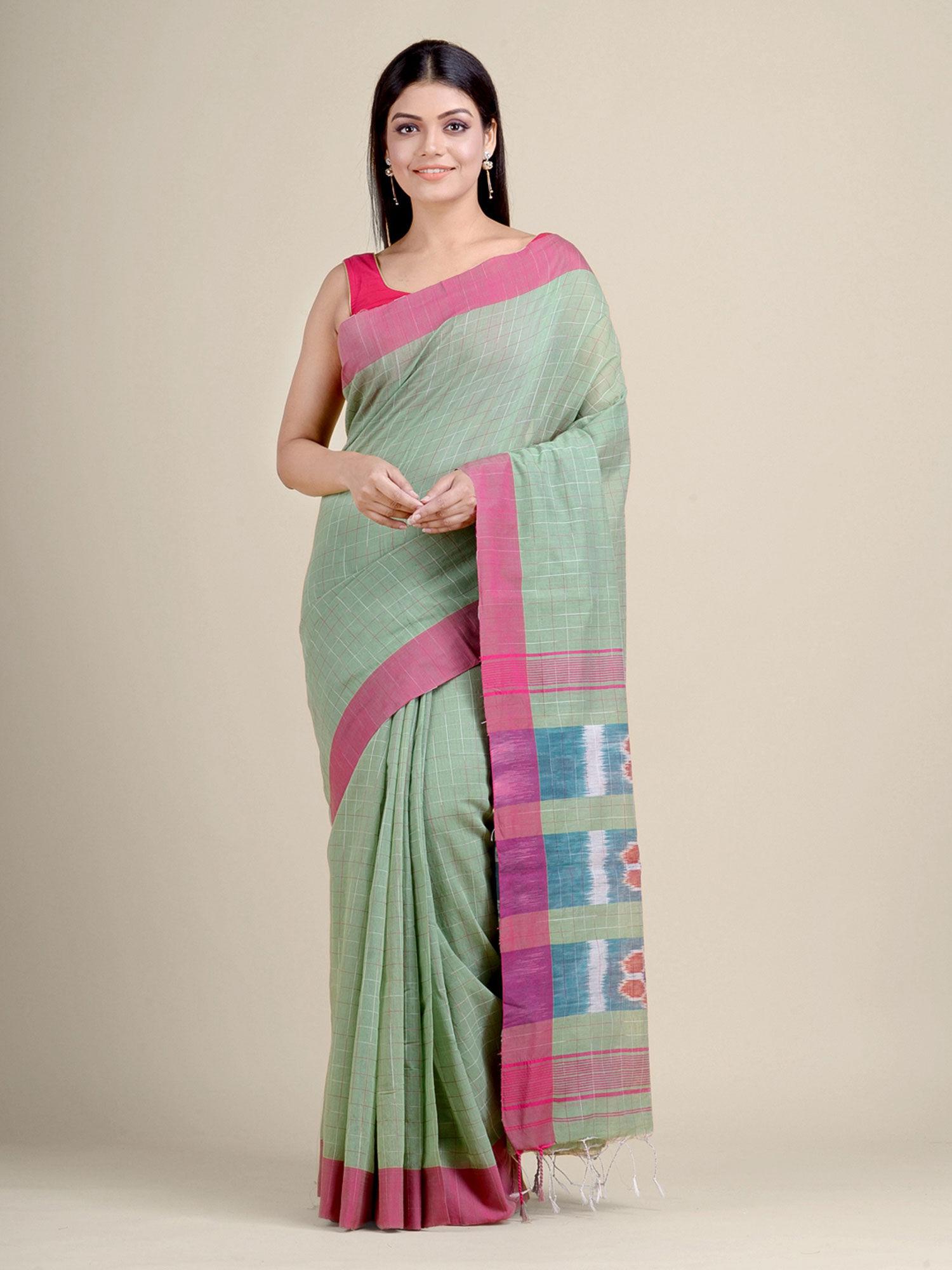 green handwoven blended cotton saree with un-stitched blouse