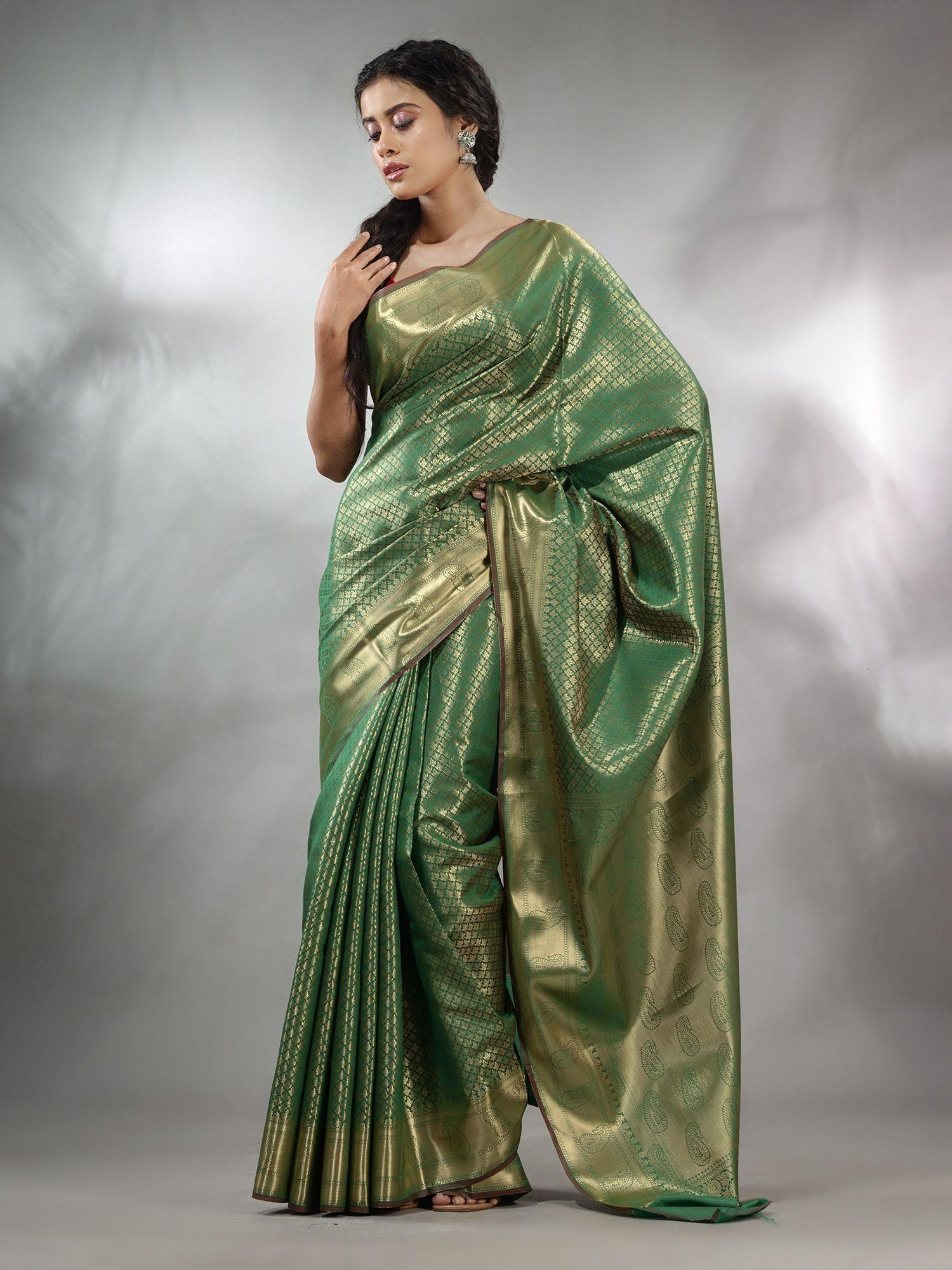 green handwoven brocade silk saree with zari woven designs & unstitched blouse