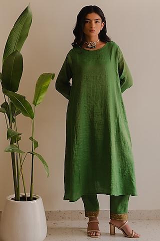 green handwoven chanderi silk aari embroidered kurta set