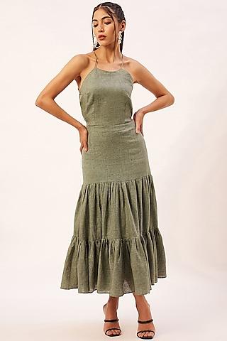 green handwoven cotton tiered dress