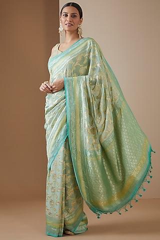 green handwoven silk & georgette embroidered saree set