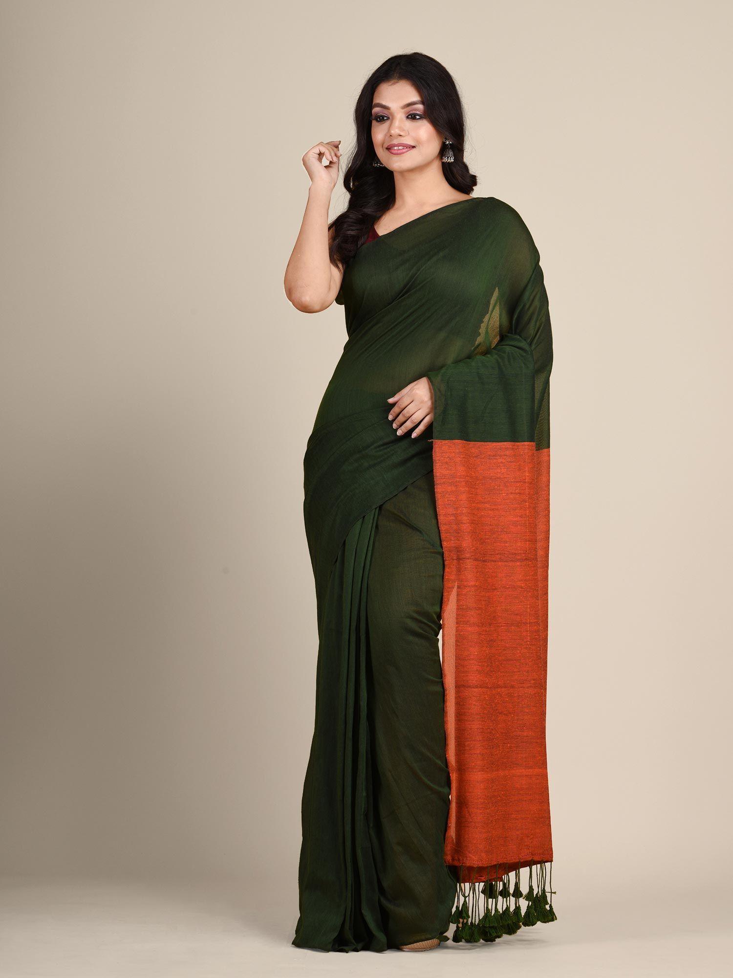 green handwoven soft cotton saree with orange border and unstitched blouse