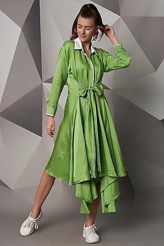 green hi-low dress with waist tie-up