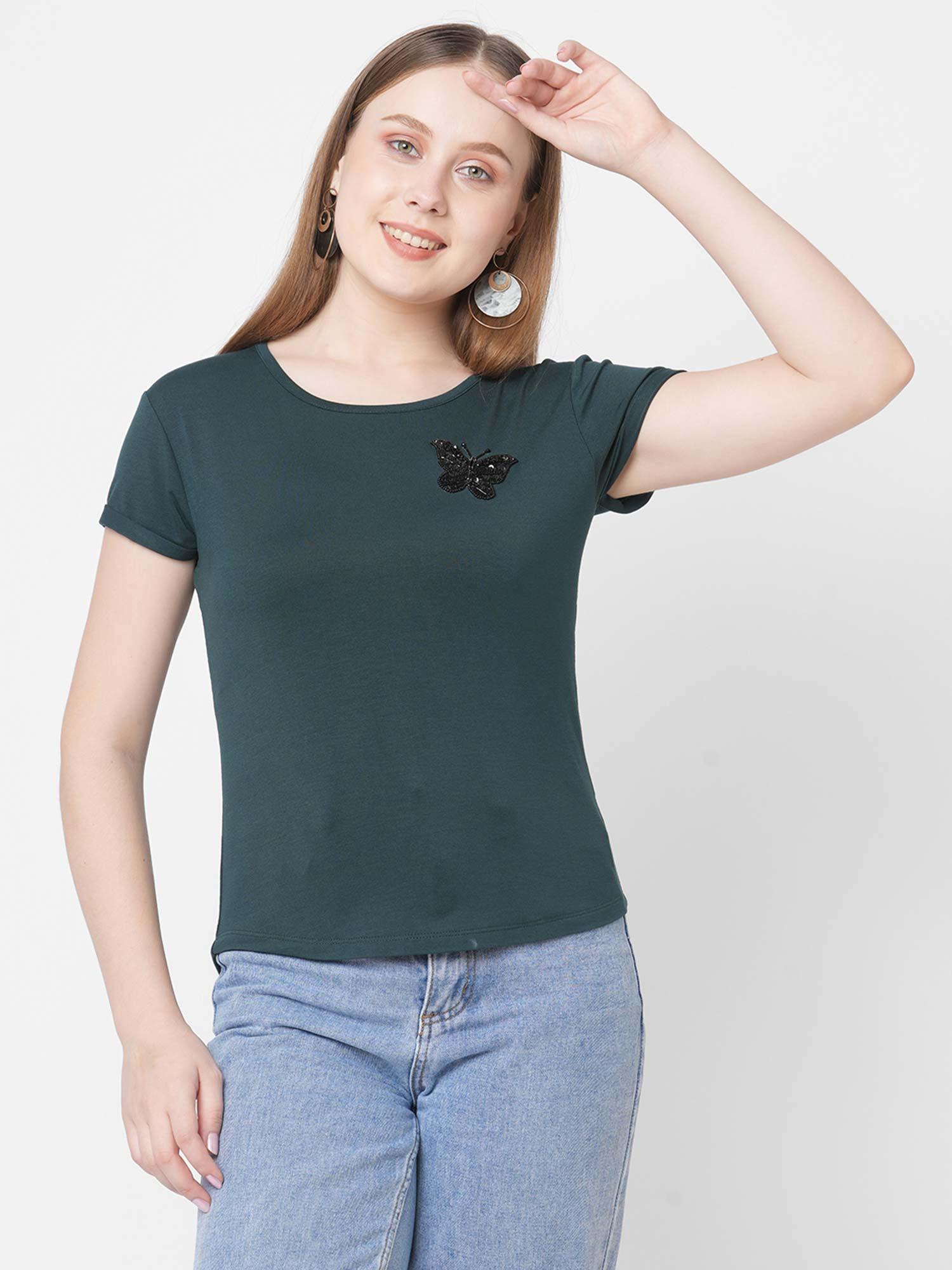 green high low hem embellished t-shirt