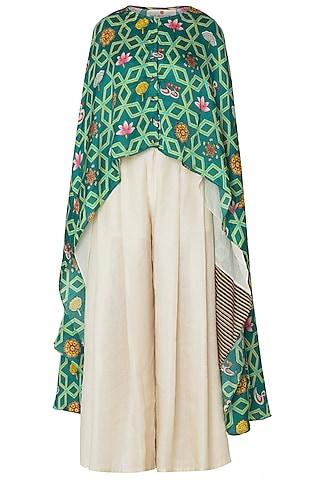 green high-low layered printed cape with pleated pants