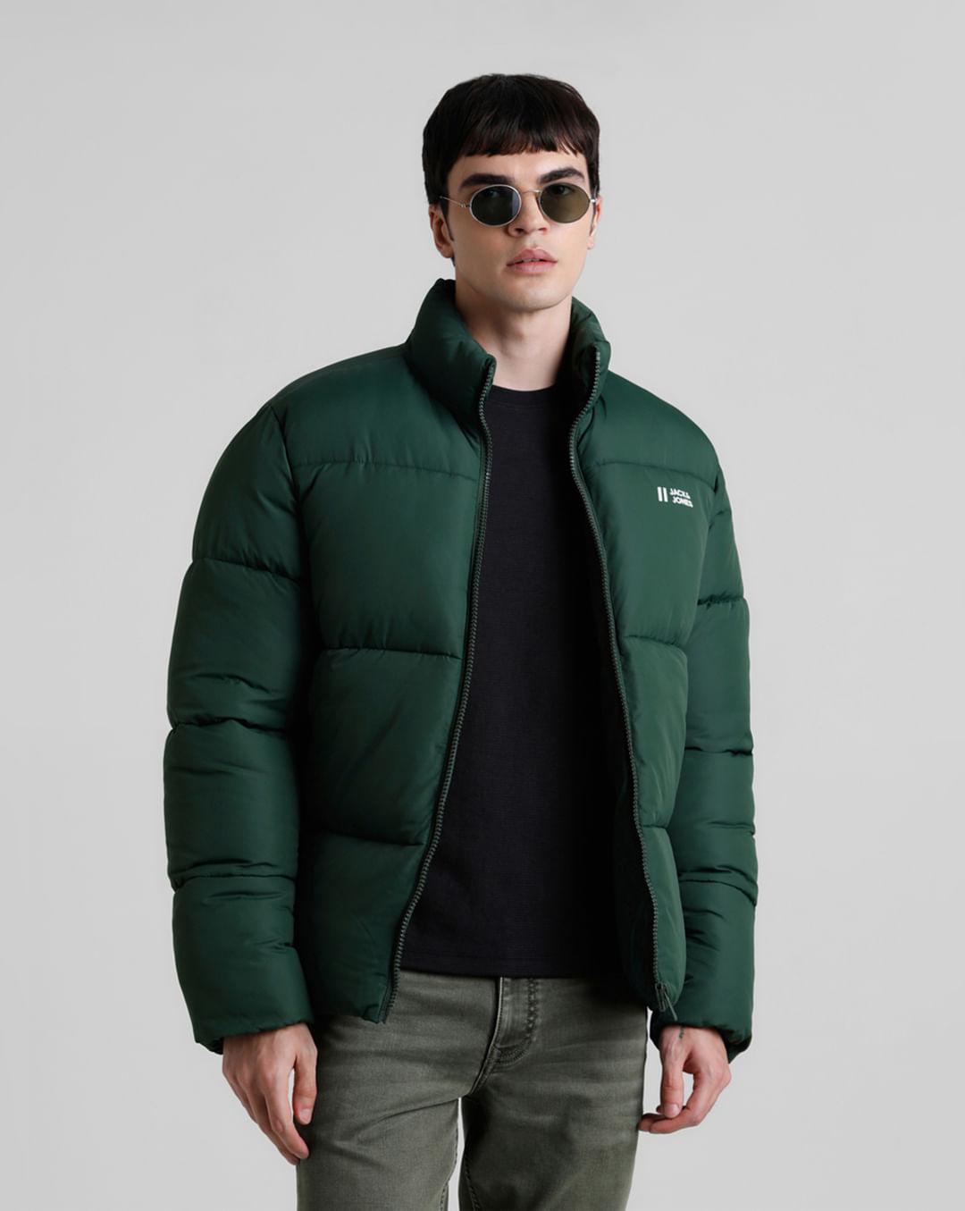 green high neck puffer jacket