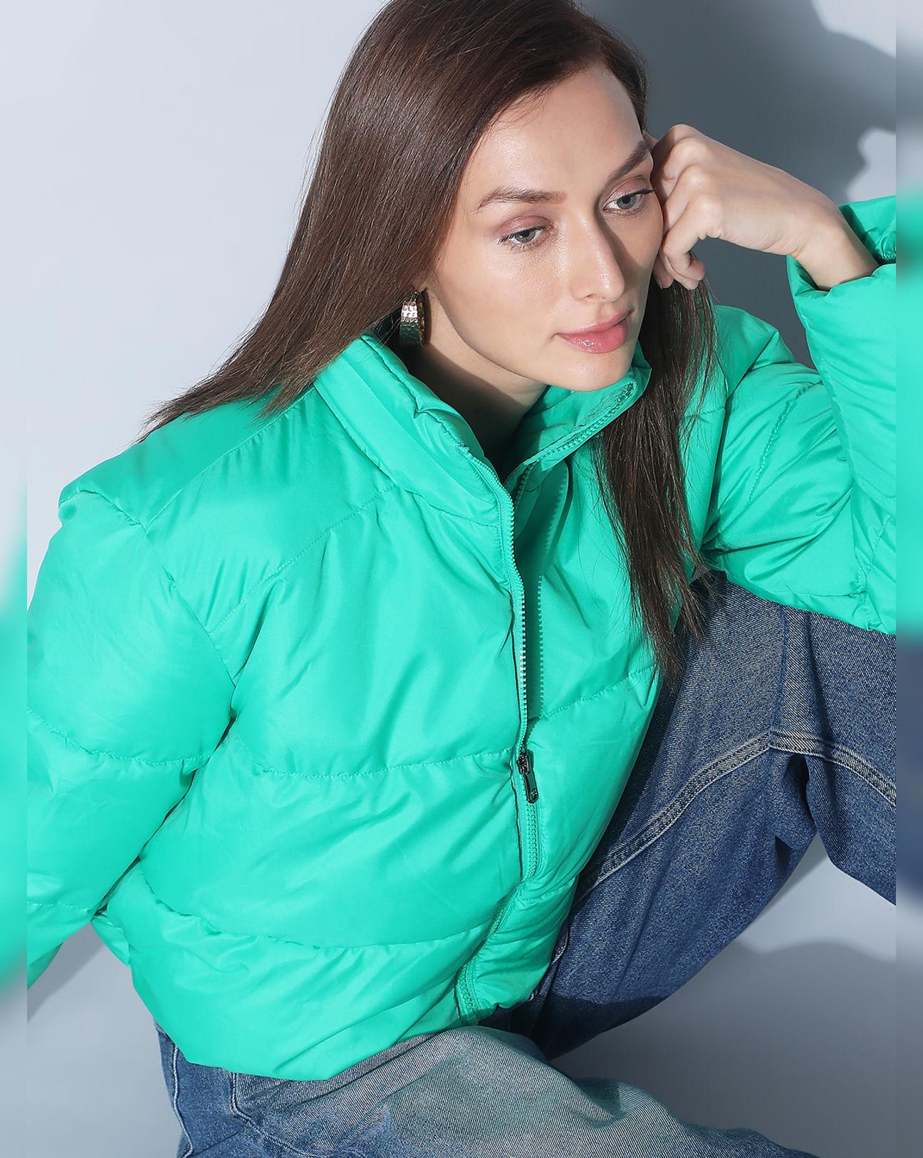 green high neck puffer jacket