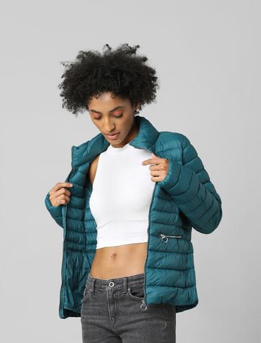 green high neck quilted puffer jacket