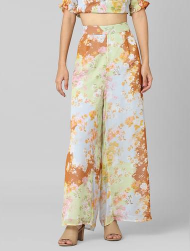 green high rise floral wide leg pants